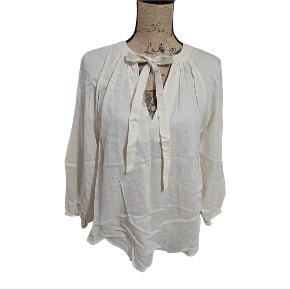 Antonio Melani Womens‎ Cream Linen Blend Tie Neck Peasant Blouse Small